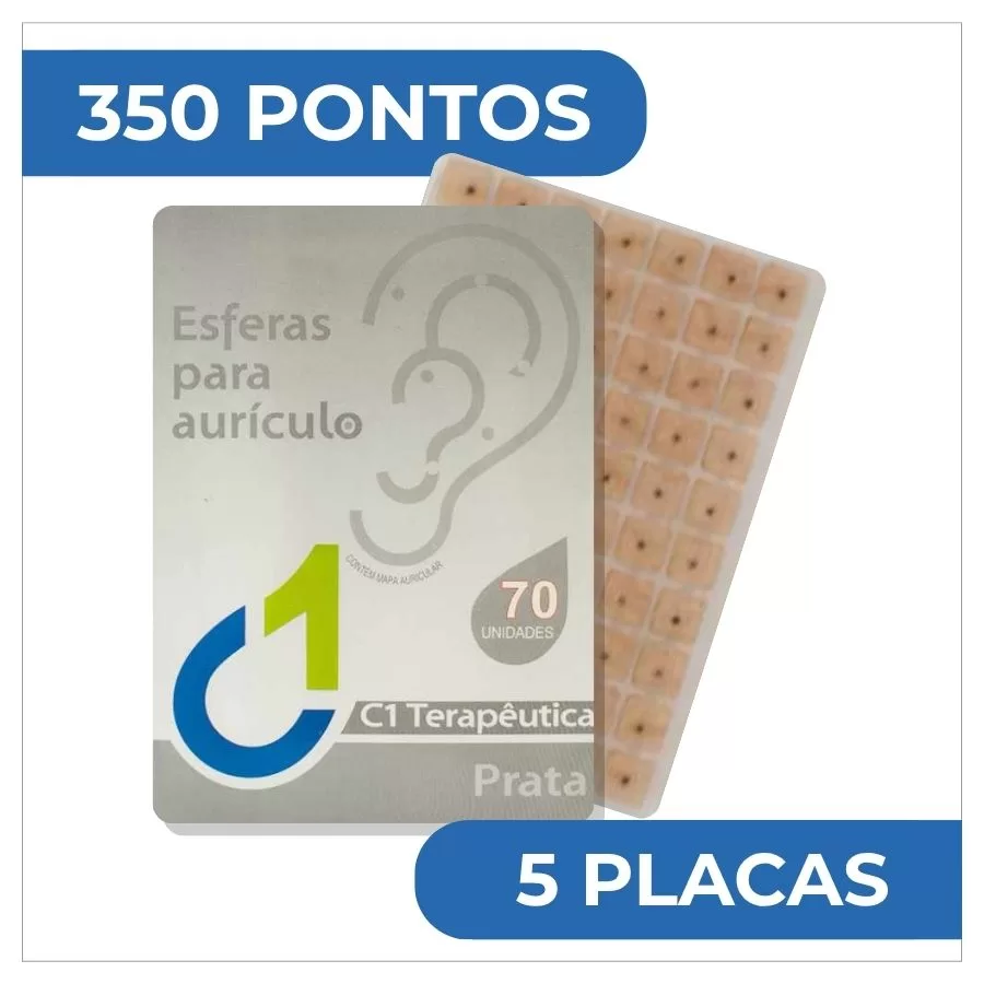 Pontos auriculares prata C1 Terapêutica com 350 pontos em 5 placas, adesivos para auriculoterapia e estimulação de pontos auriculares
