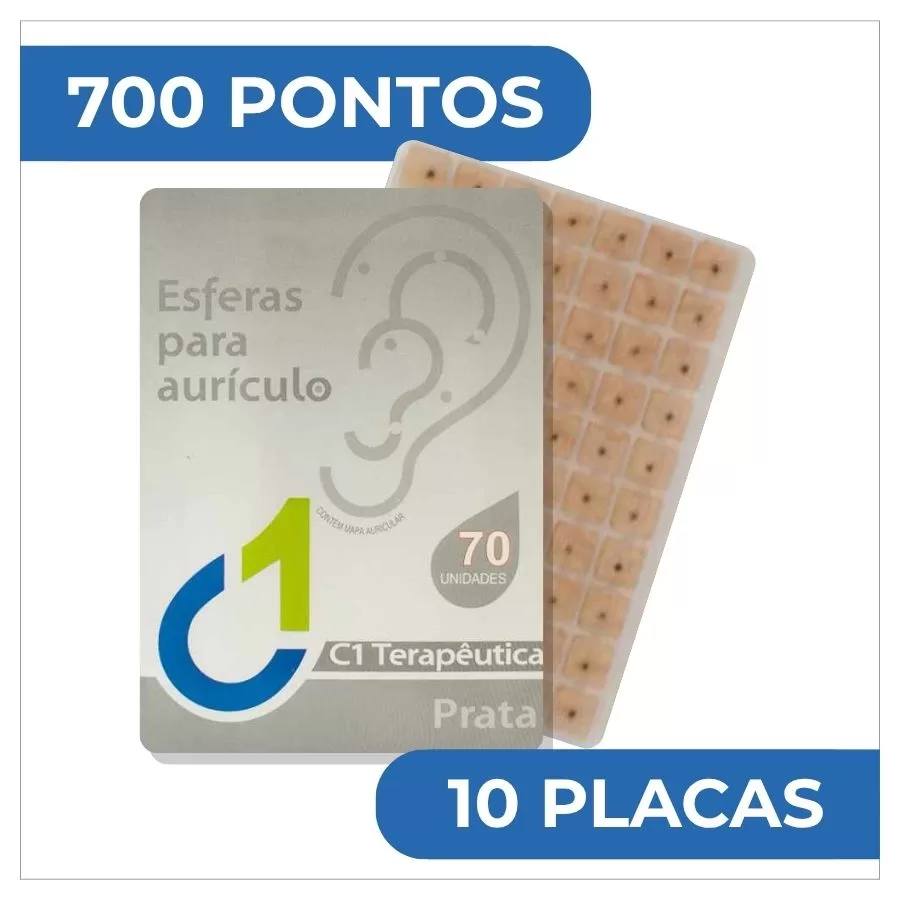 Pontos auriculares prata C1 Terapêutica com 700 pontos em 10 placas, adesivos para auriculoterapia e estimulação de pontos auriculares