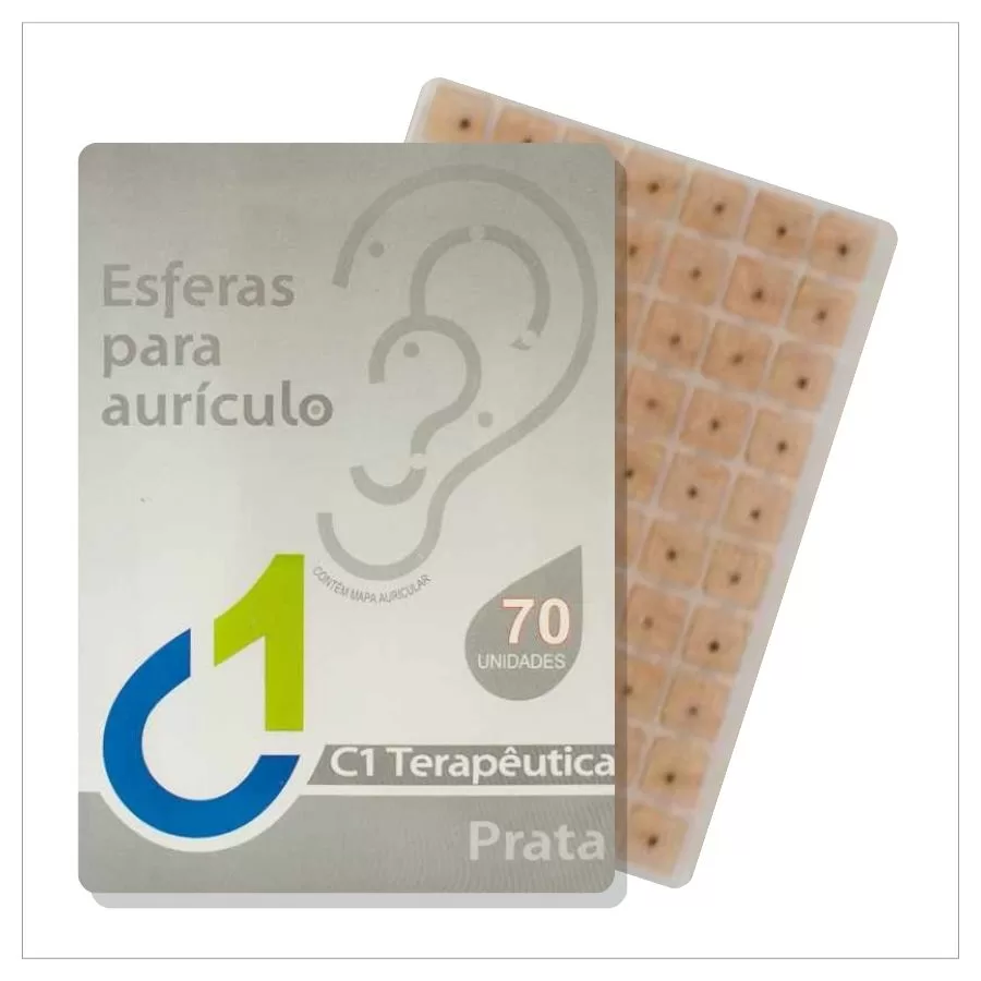 Pontos auriculares prata C1 Terapêutica com adesivo, cartela com 70 unidades para auriculoterapia e estimulação de pontos auriculares