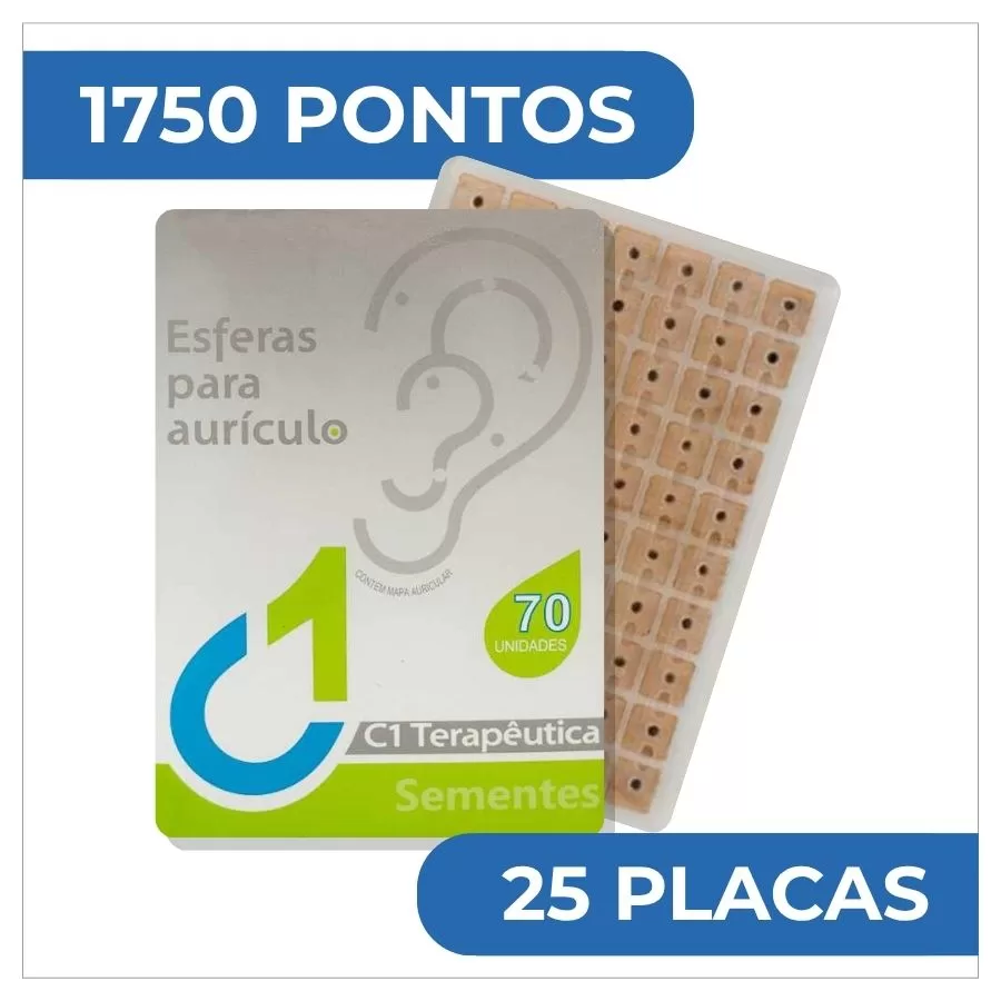 Sementes auriculares C1 Terapêutica com 1750 pontos em 25 placas, adesivos para auriculoterapia e estimulação de pontos auriculares