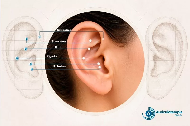 Imagem anatômica da orelha humana utilizada como representação visual da auriculoterapia e dos mapas auriculares terapêuticos.