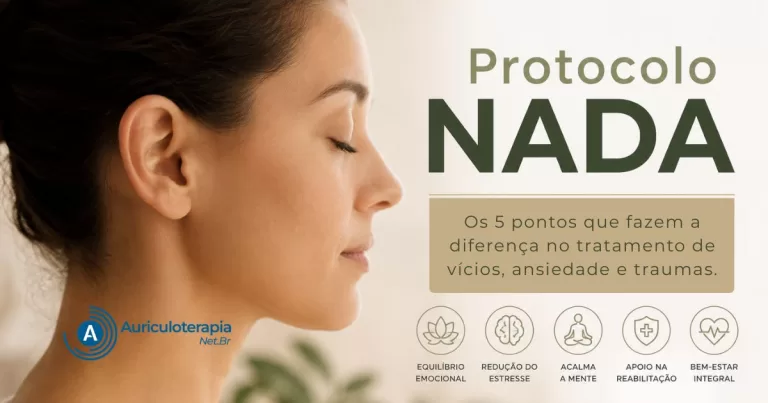Mulher relaxada em perfil representando o protocolo NADA de auriculoterapia para ansiedade, estresse e tratamento da dependência química.