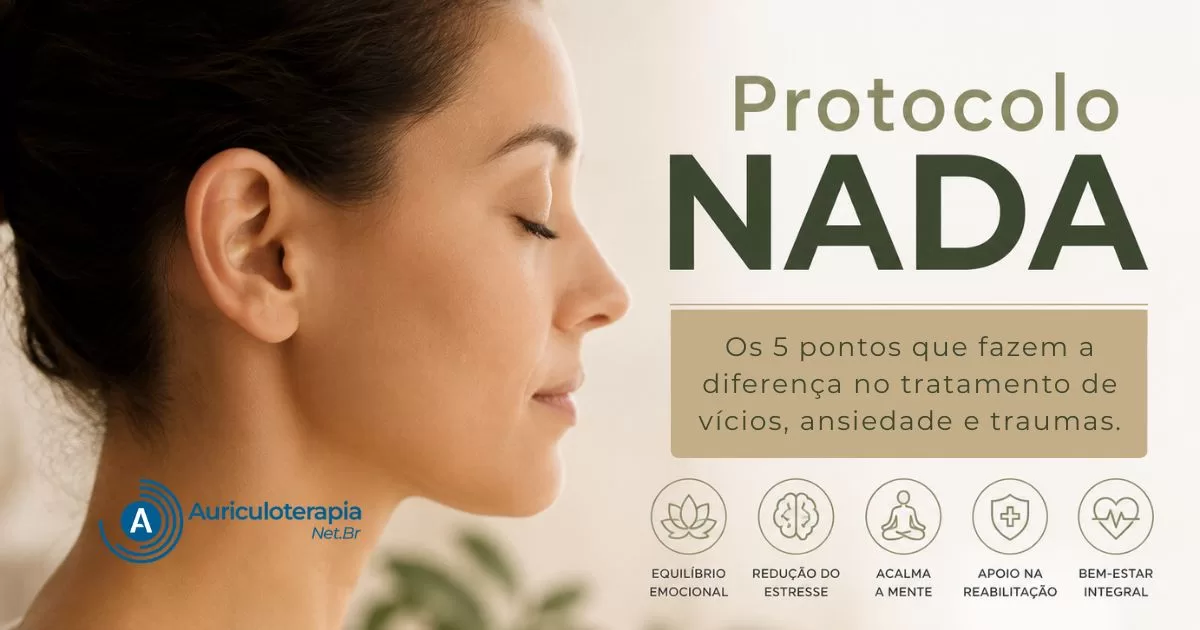Mulher relaxada em perfil representando o protocolo NADA de auriculoterapia para ansiedade, estresse e tratamento da dependência química.