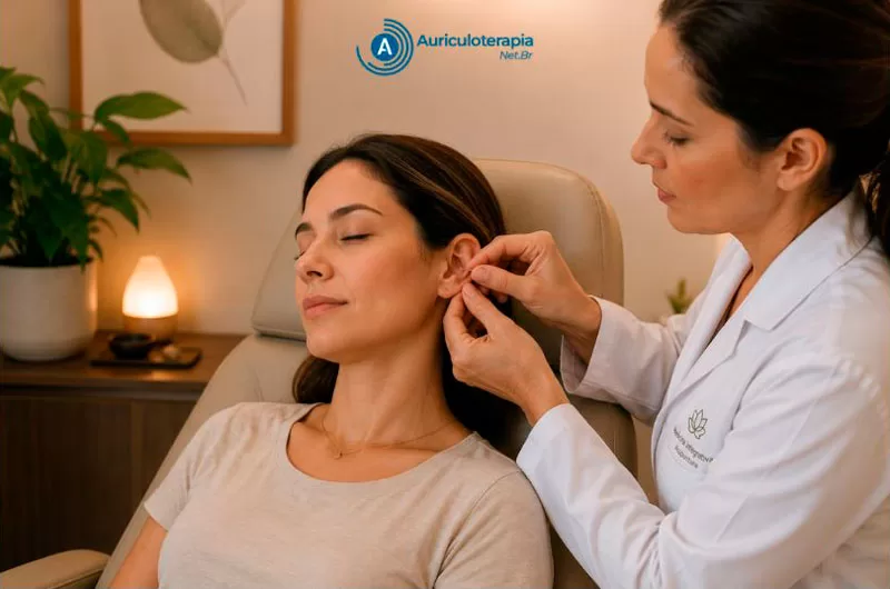 Profissional aplicando auriculoterapia em paciente relaxada durante sessão do protocolo NADA em clínica integrativa.